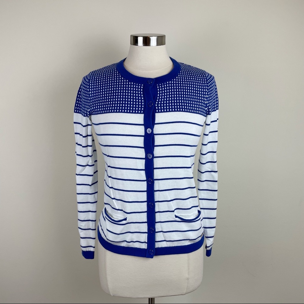 Tommy Hilfiger Blue White Stripe Pima Cotton Cardigan Sweater Women Small